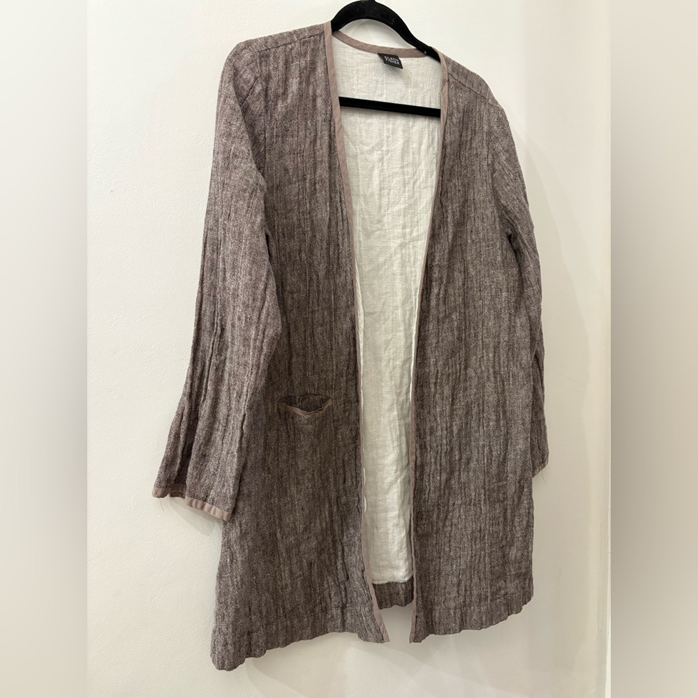 Eileen Fisher Brown open Cardigan - large - long length - cotton/linen blend
